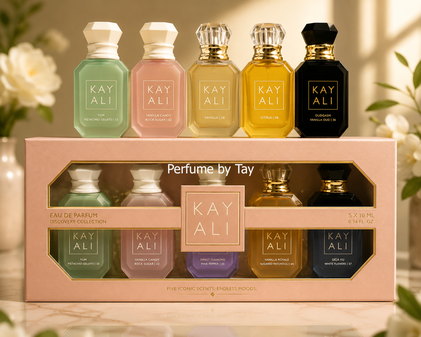 Kayali (Oudgasm Cafe Oud/Marrakesh/Vanilla Candy/Yum Pistachio/Yum Bougee Marshmallow) Set (5x30ml) (Peach Box) (Ladies Gift Set)