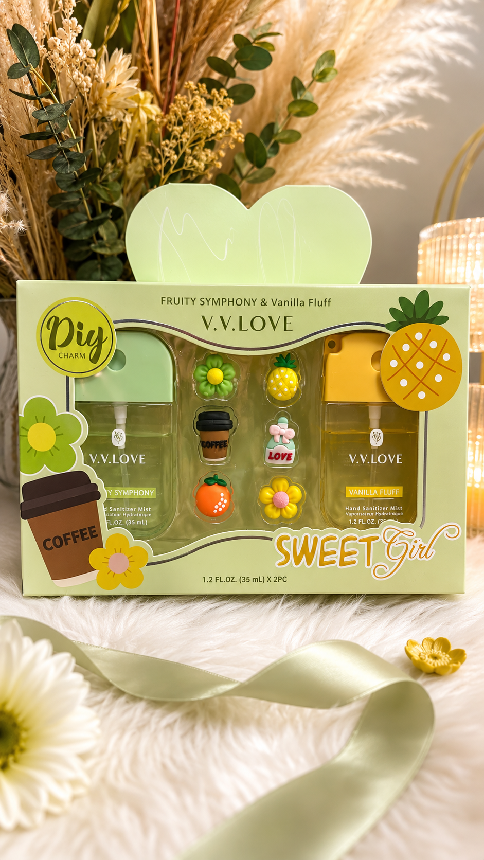 VV Love Green Set 2x 35ml (Scented Hand Sanitisers with charms. Fruit Symphony & Vanilla Fluff)