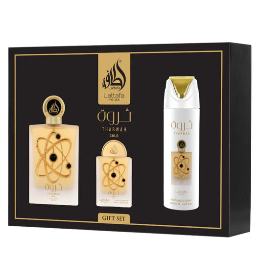 Tharwah Gold by Lattafa – 3pc Giftset