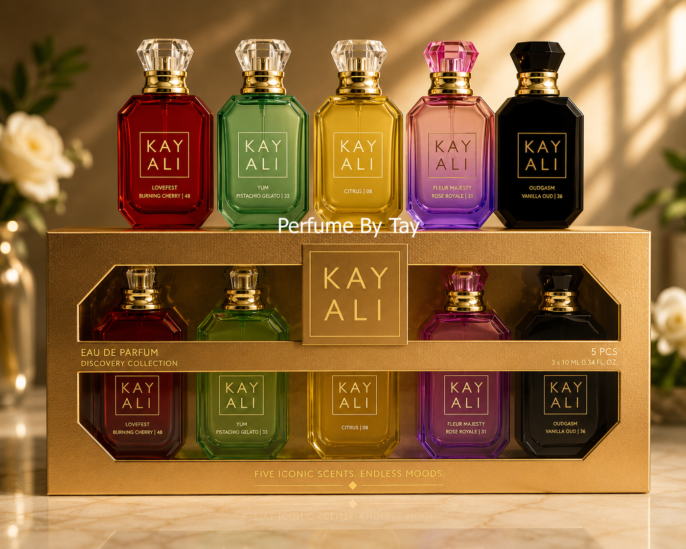 Kayali (Oudgasm Smoky Oud/Fleur Majesty/Lemon Sugar/Sweet Banana/Juicy Apple) Set (5x30ml) (Gold Box) (Ladies Gift Set)