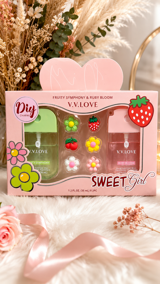 VV Love Pink Set 2x 35ml (Scented Hand Sanitisers with charms. Fruit Symphony & Ruby Bloom)
